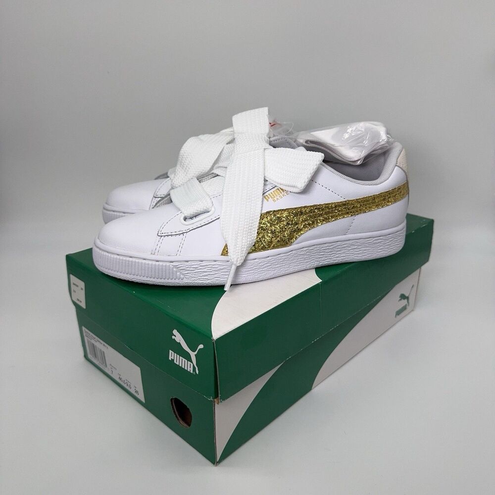 PUMA Women's Basket Heart Leather & Glitter Lace Up Sneakers 9.5 40.5 White Gold
